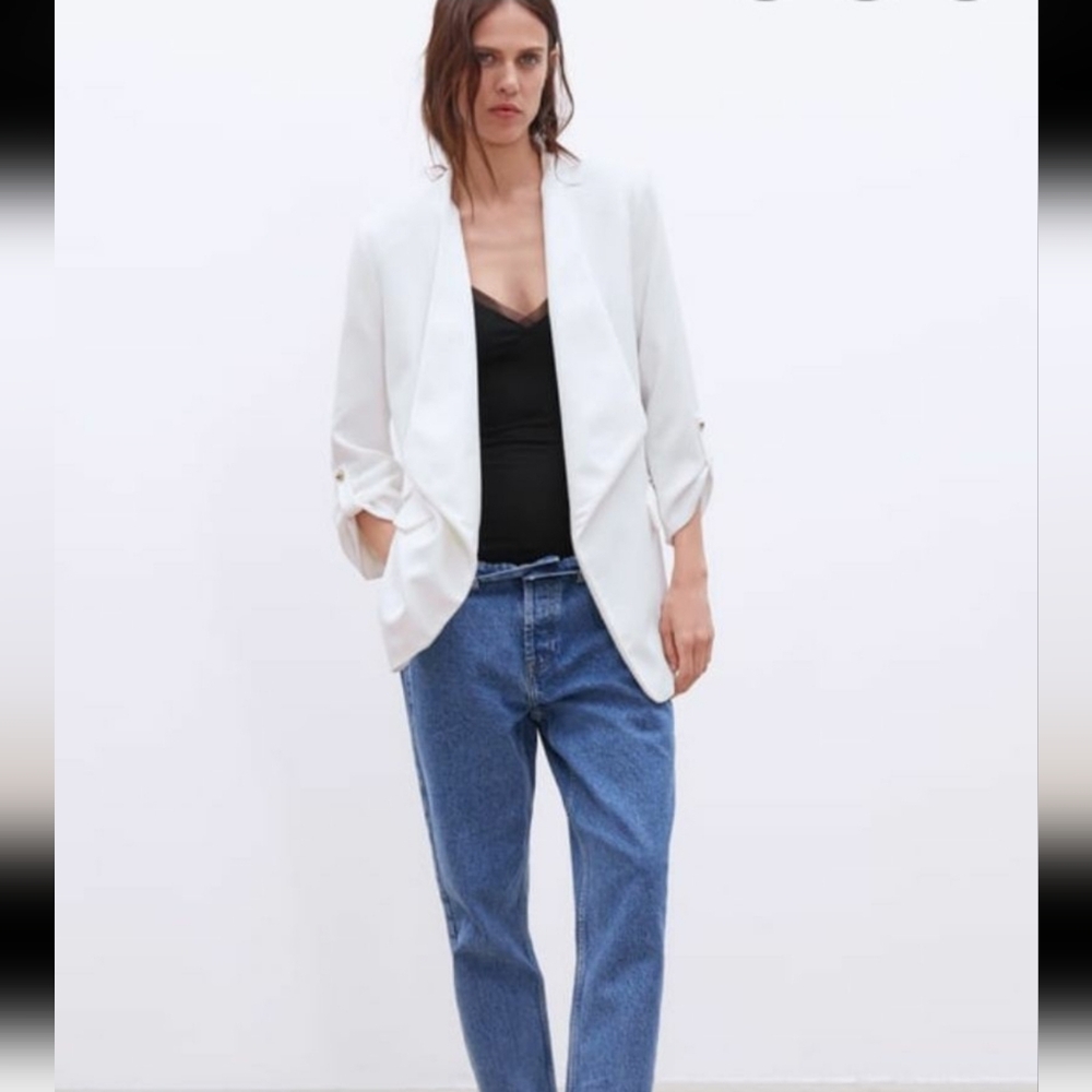 Zara Women's Ruched 3/4 Sleeves Lined Open Front Blazer Cream Size S